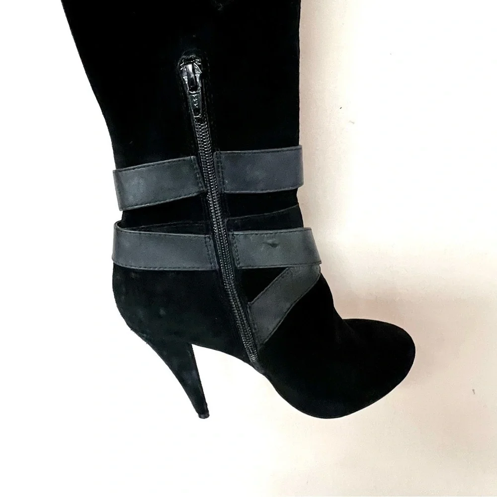 ALDO black suede knee strappy buckle heel boots women size 36
